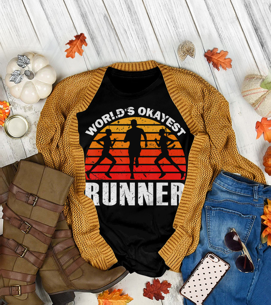 World's Okayest Runner Sunset Silhouette Sprinting Marathon T-Shirt