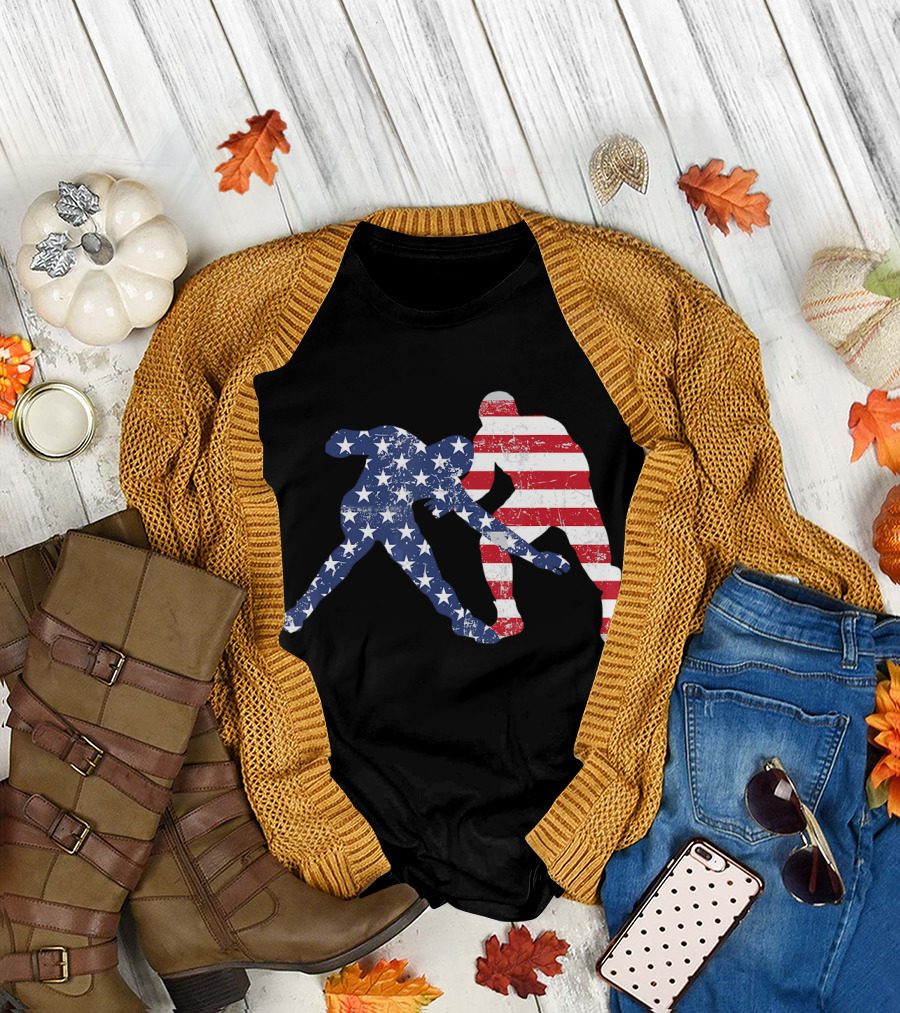Wrestling Dual Silhouette with US Flag Stars and Stripes for Fourth of July T-Shirt
