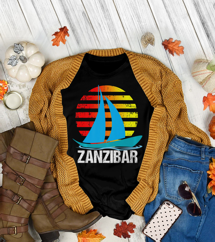 Zanzibar Sunset Sailboat Vintage Nautical Scene T-Shirt