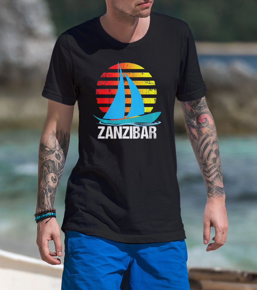 Zanzibar Sunset Sailboat Vintage Nautical Scene T-Shirt