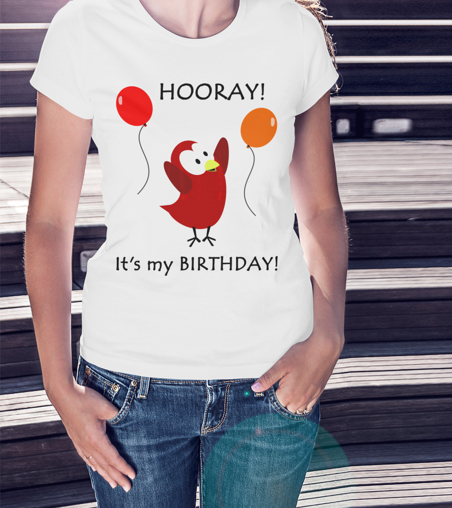 Hooray It's My Birthday Sammy Bird With Red And Orange Balloons T-Shirt