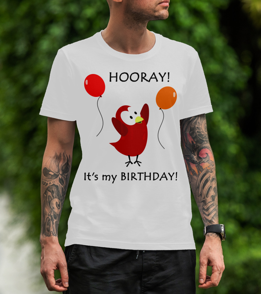 Hooray It's My Birthday Sammy Bird With Red And Orange Balloons T-Shirt