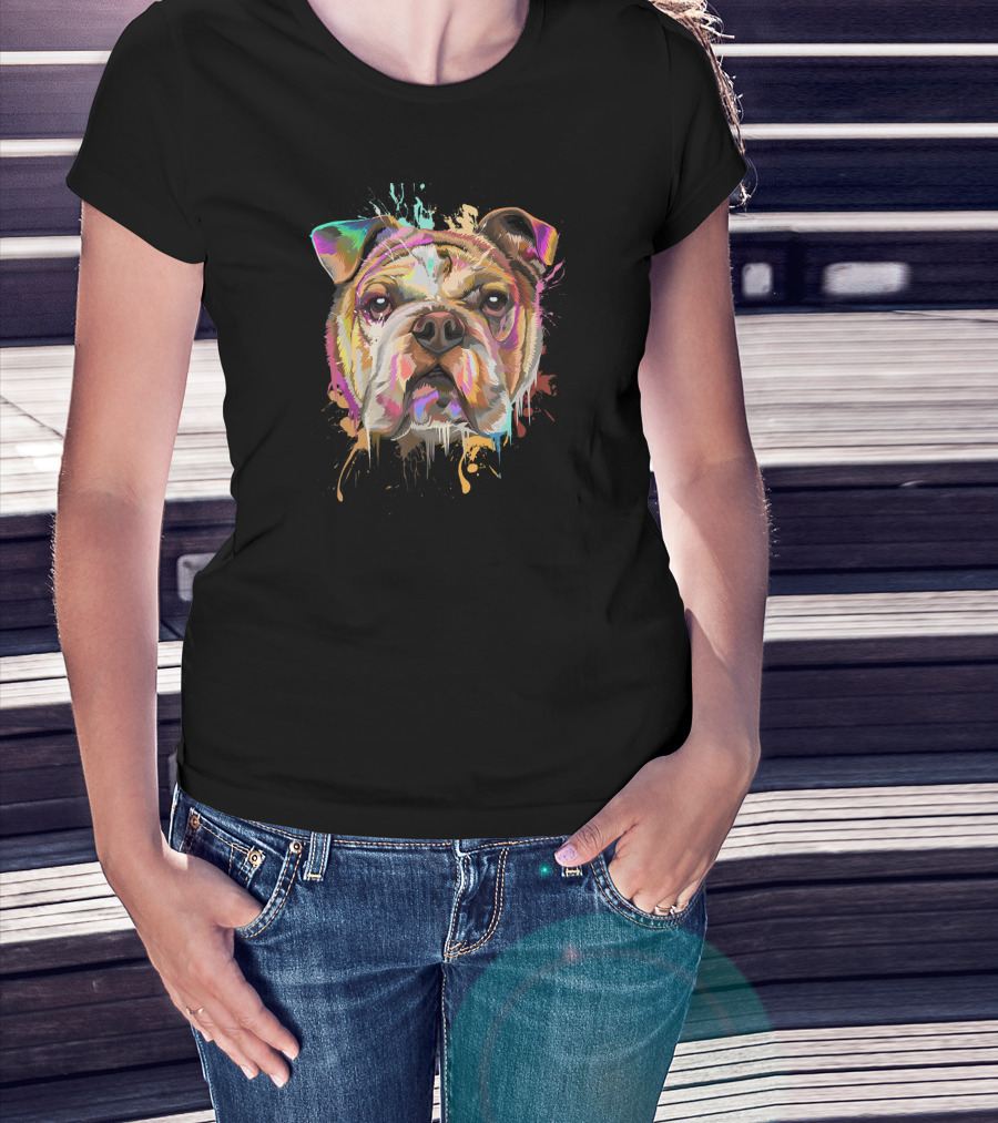 Splash Art Bulldog English Bulldo Dripping Colorful Paint T-Shirt