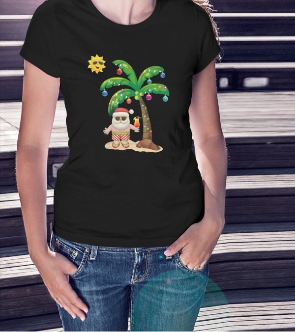 Summer Santa Claus Christmas Mele Tropical Palm Tree Festive Cocktail T-Shirt