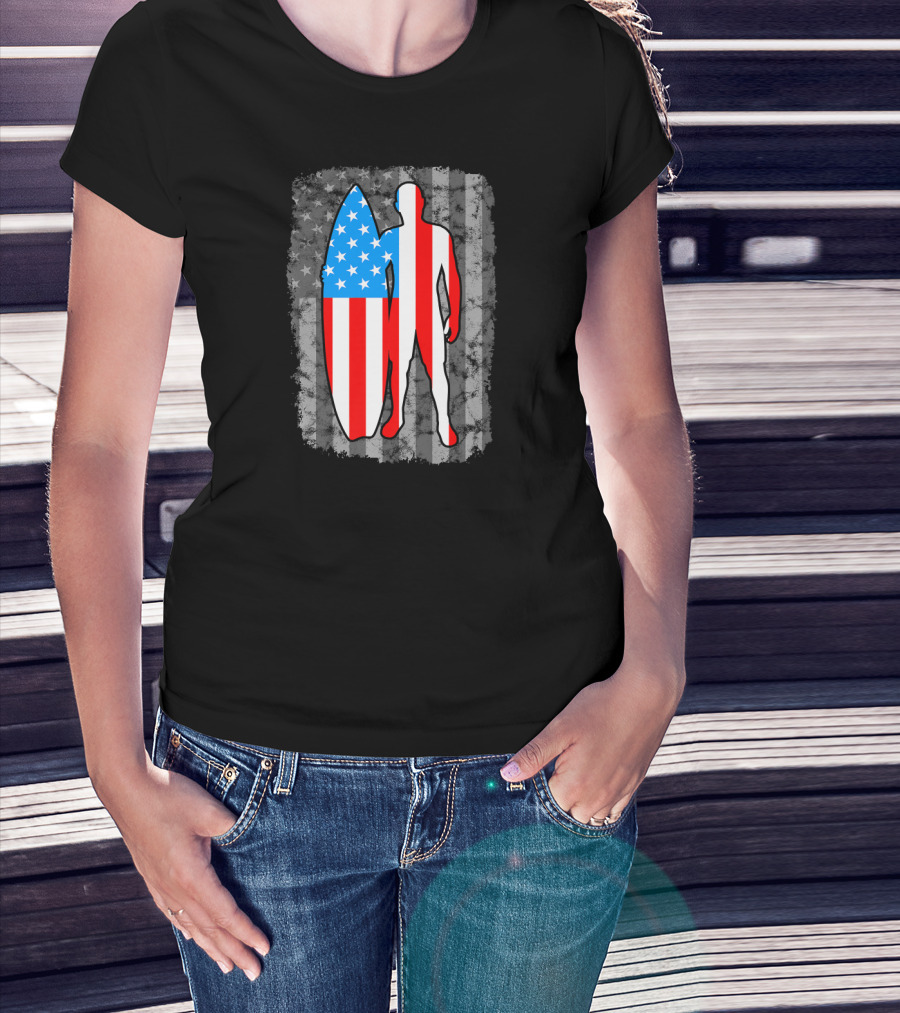 Vintage American Flag Surfing Silhouette United States T-Shirt