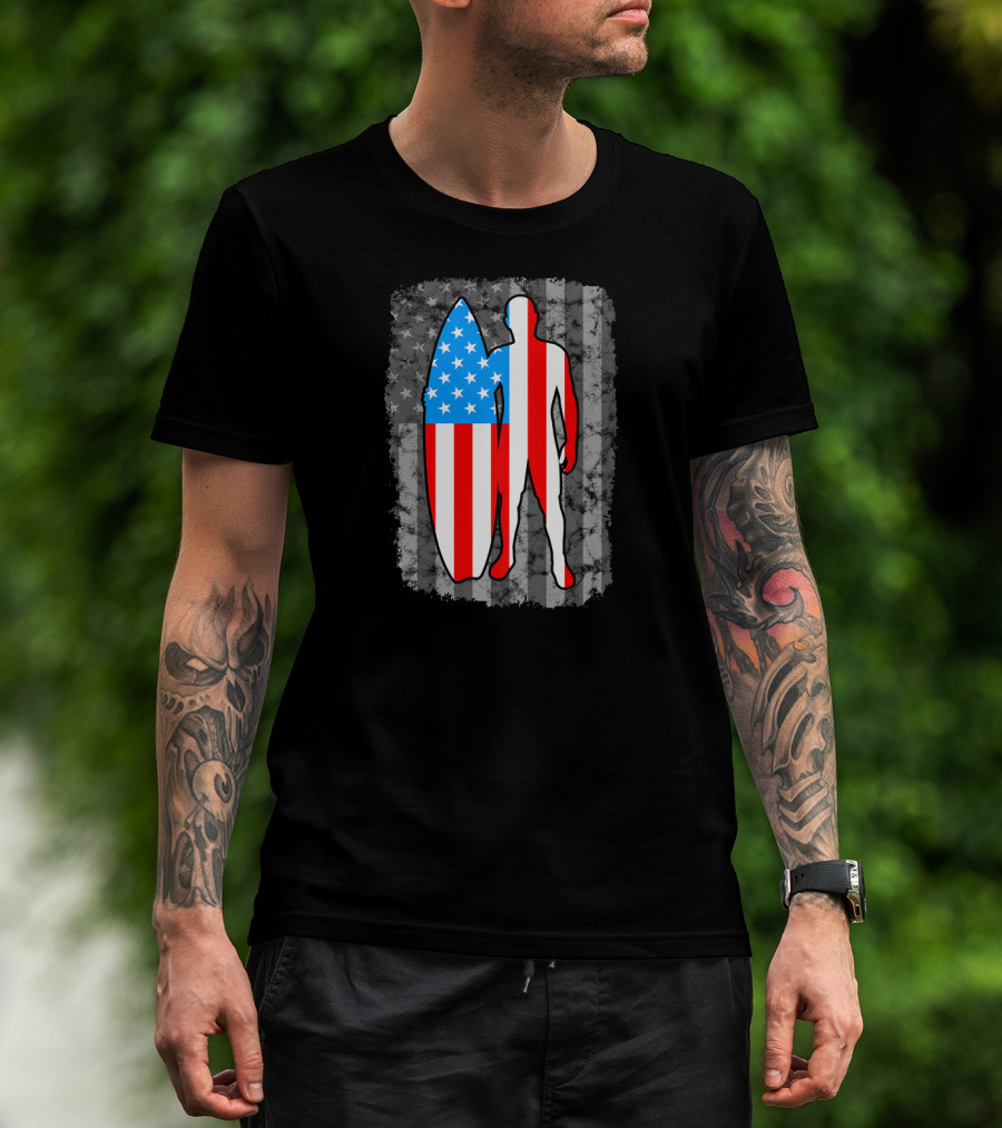 Vintage American Flag Surfing Silhouette United States T-Shirt