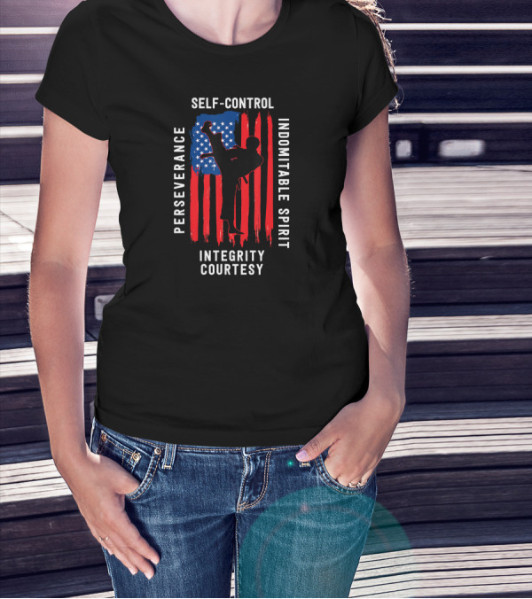 Taekwondo Five Tenets Perseverance Self-Control Indomitable Spirit Integrity Courtesy US Flag Martial Arts T-Shirt