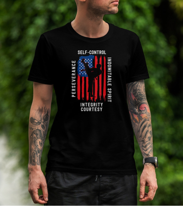 Taekwondo Five Tenets Perseverance Self-Control Indomitable Spirit Integrity Courtesy US Flag Martial Arts T-Shirt