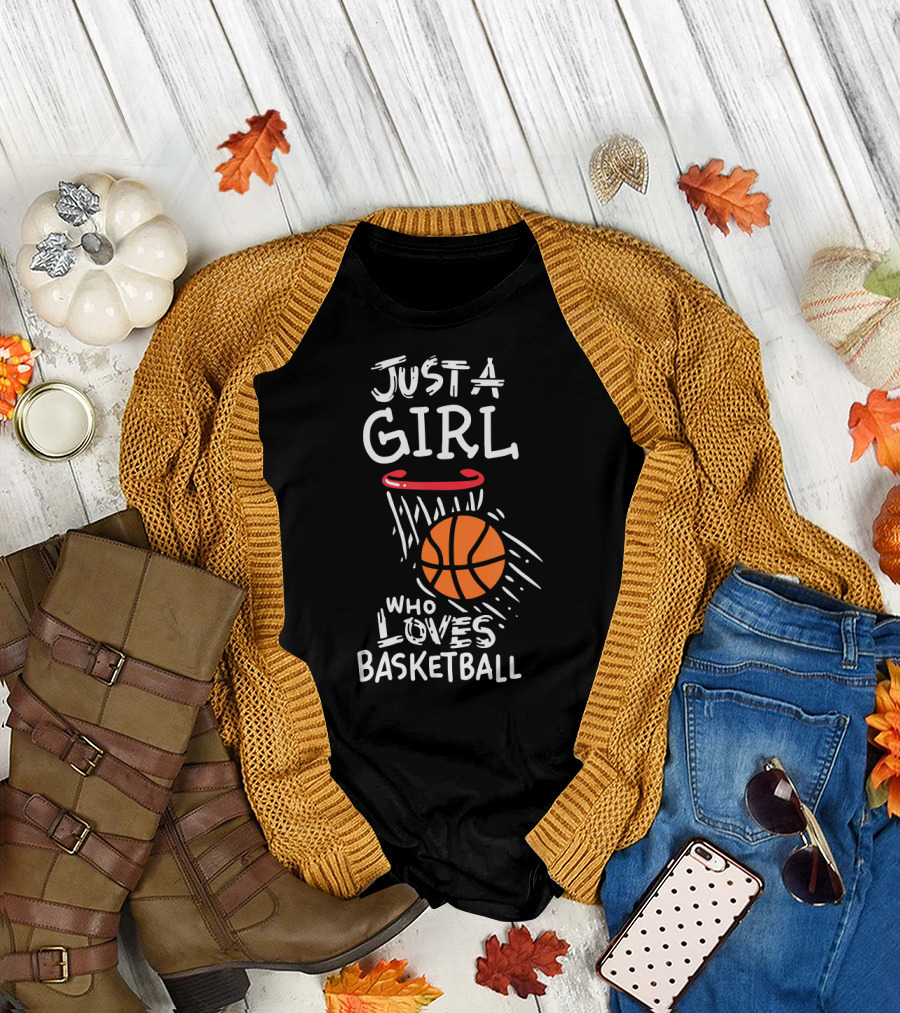 Just a Girl Who Loves Basketball with Orange Basketball and Hoop T-Shirt