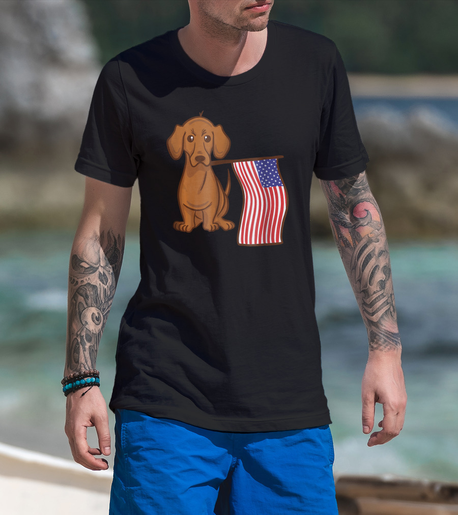 American Flag Dachshund Funny Wien Patriotic Dog T-Shirt