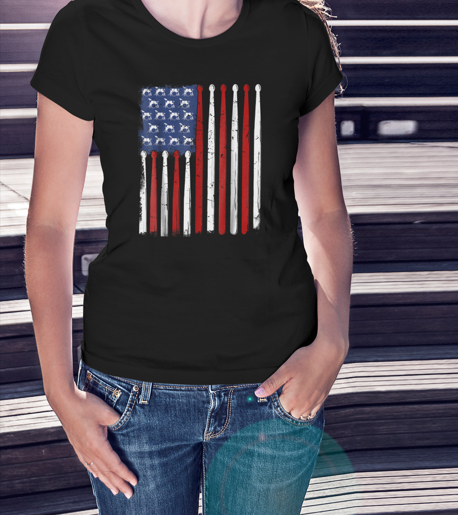 American Flag Made Of Drumsticks Vintage Drummer T-Shirt