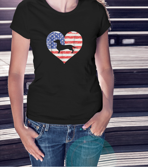 American Flag Heart With Dachshund Silhouette US Love T-Shirt