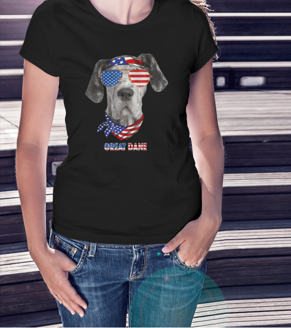 Great Dane Dog In American Flag Glasses And Bandana T-Shirt