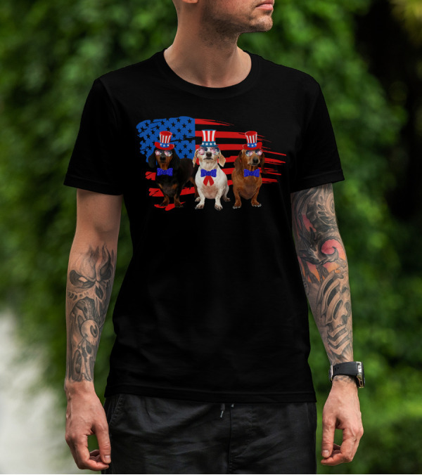 American Patriotic Dachshund Lover July Independence Day Trio T-Shirt