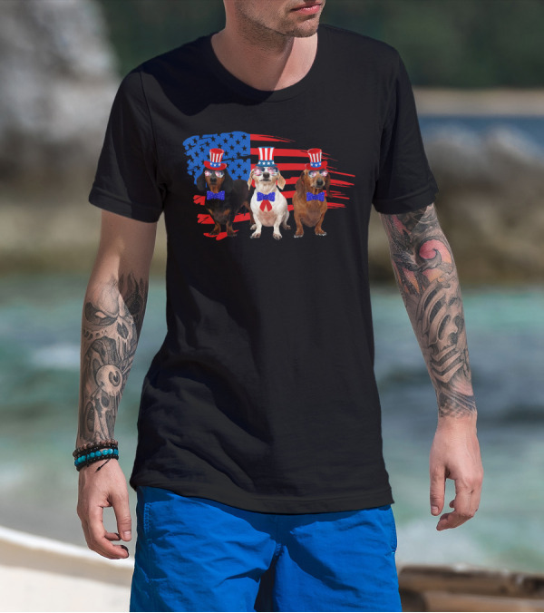 American Patriotic Dachshund Lover July Independence Day Trio T-Shirt
