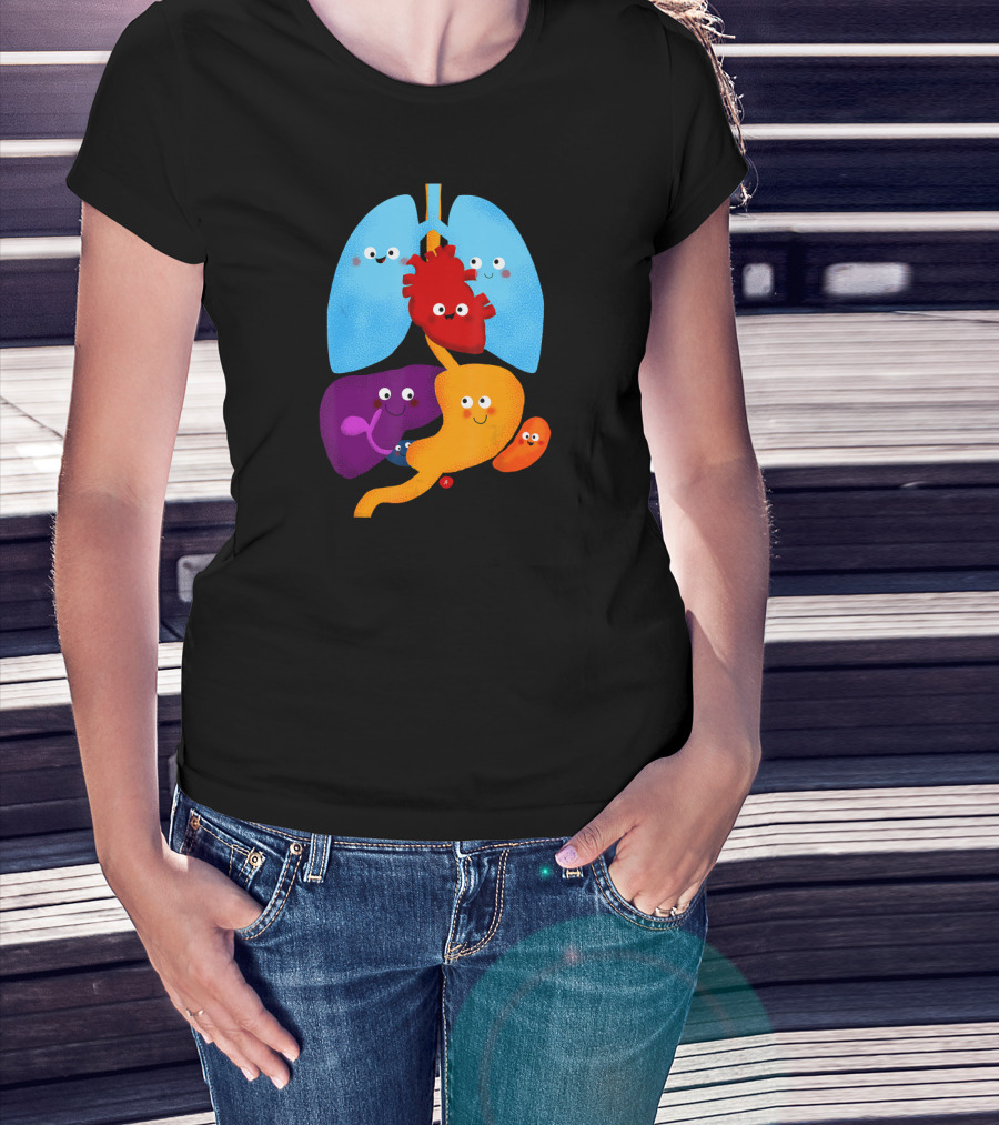 Anatomy Illustrated Heart Lungs Organs Cute Colorful Cartoon Characters T-Shirt