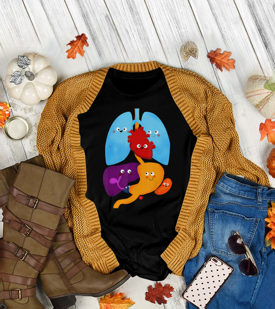 Anatomy Illustrated Heart Lungs Organs Cute Colorful Cartoon Characters T-Shirt
