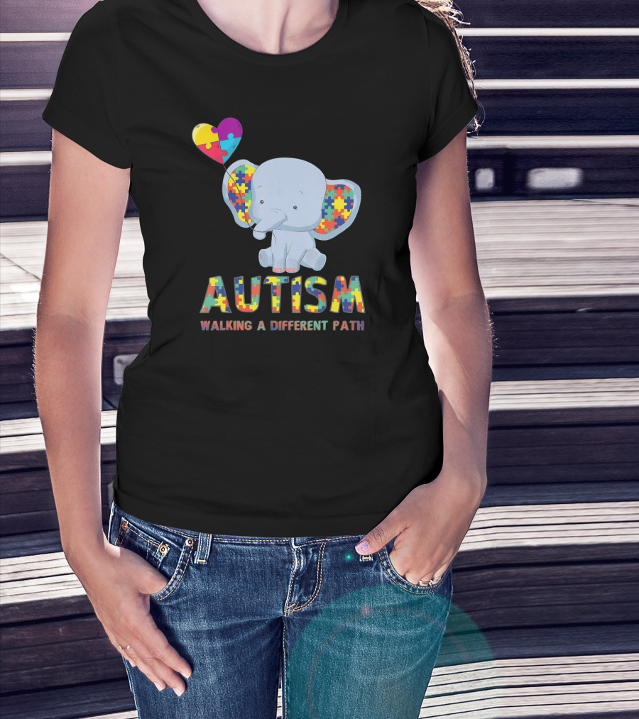 Autism Puzzle Piece Elephant Walking A Different Path T-Shirt