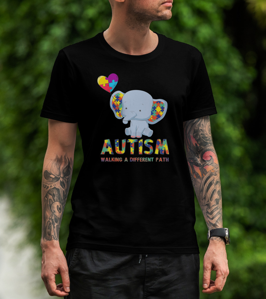 Autism Puzzle Piece Elephant Walking A Different Path T-Shirt