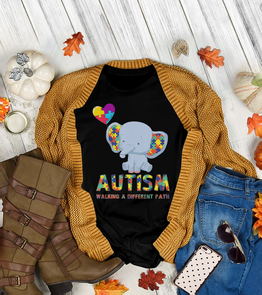 Autism Puzzle Piece Elephant Walking a Different Path T-Shirt