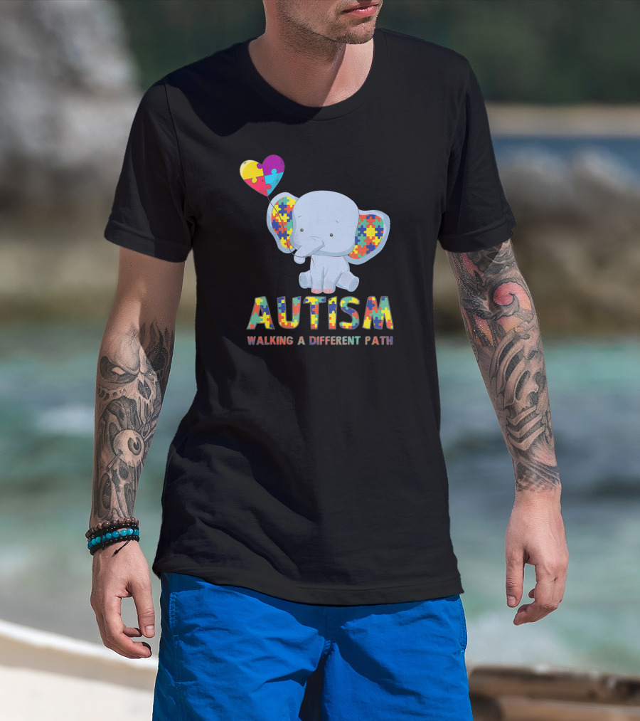 Autism Puzzle Piece Elephant Walking A Different Path T-Shirt
