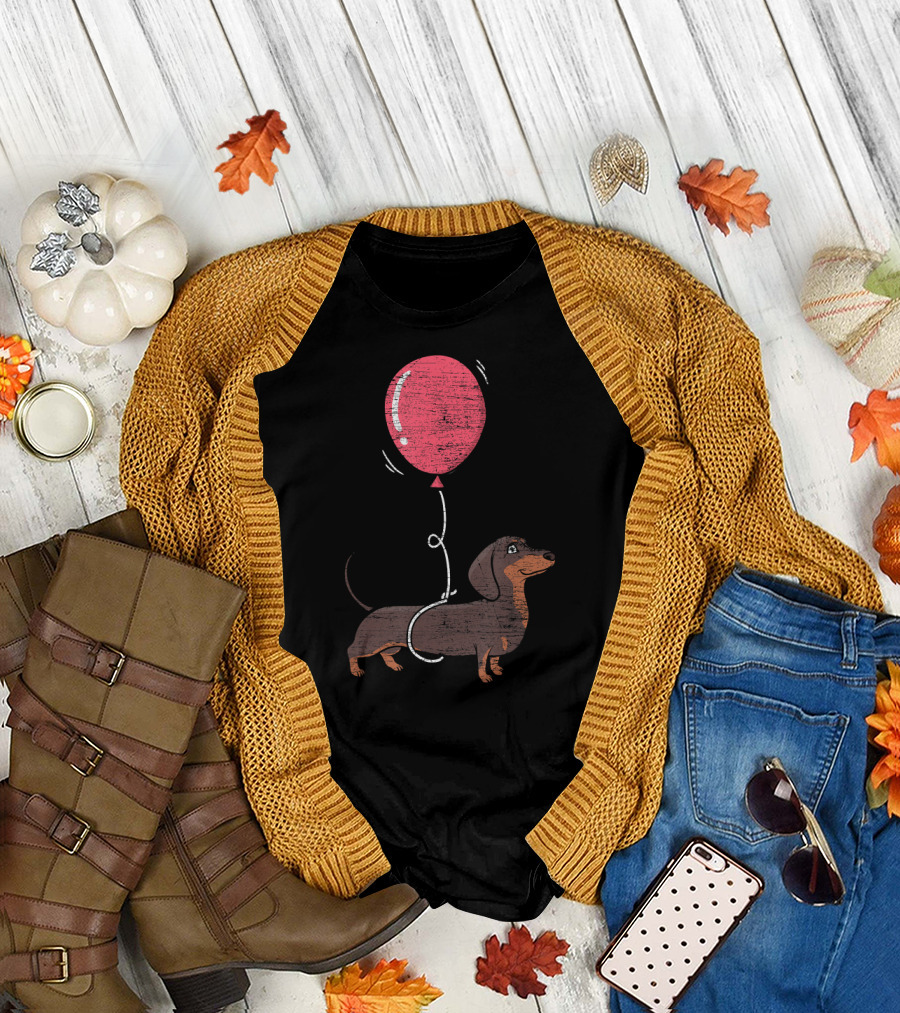 Balloon Dachshund Sketch with Red Balloon and Brown Dog Balloon Dachshund T-Shirt