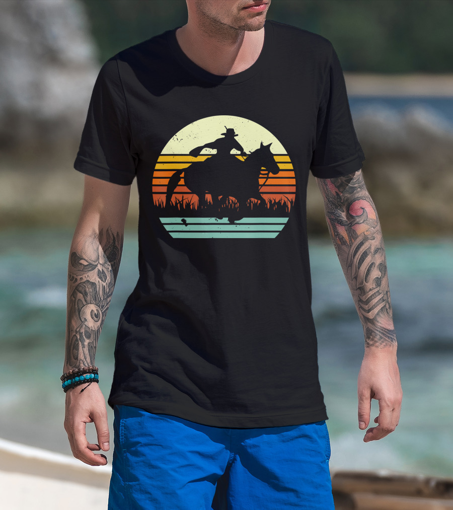 Barrel Racing Retro Sunset Galloping Horse T-Shirt