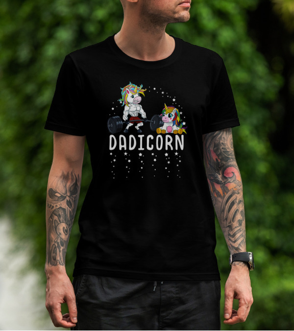 Dadicorn Unicorn Dad Fitness Gym Muscles Weights Lifting Stars T-Shirt