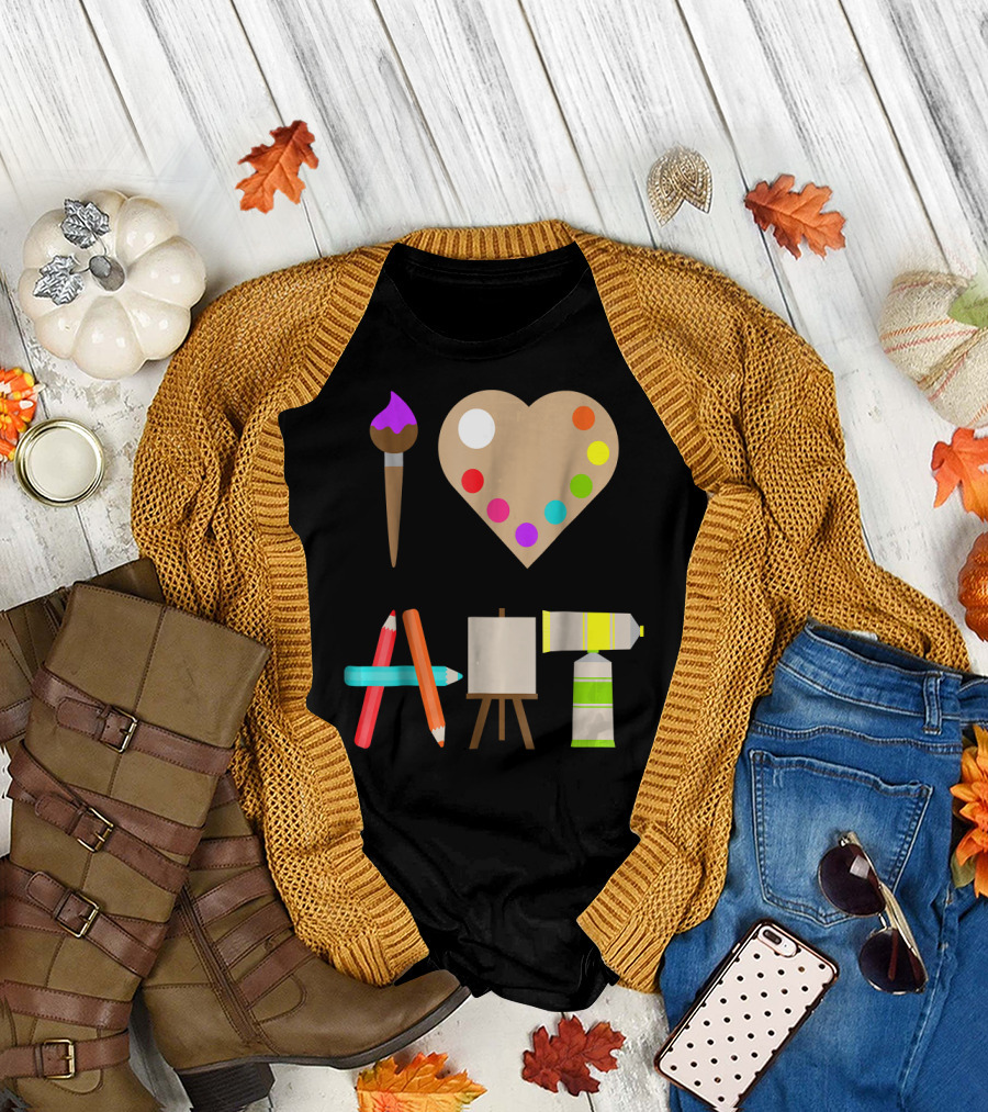 I LOVE ART FUN COLORFUL FUTURE ARTIST HEART PALETTE PAINTBRUSH PENCILS EASEL TUBE T-Shirt