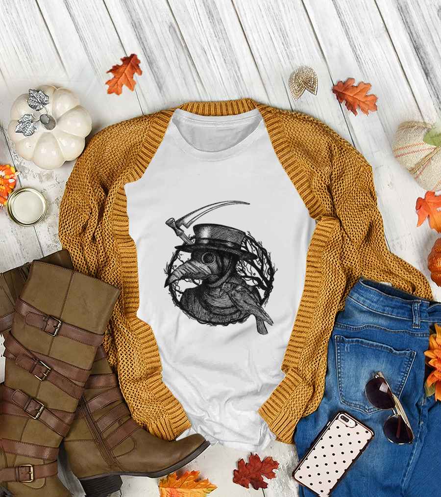 Plague Doctor Medieval Bird Mask with Scythe and Crow T-Shirt