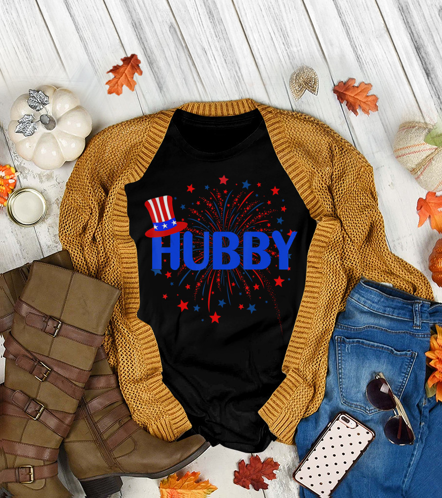 4th July Hubby Patriotic Couple Match Fireworks Stars Hat T-Shirt