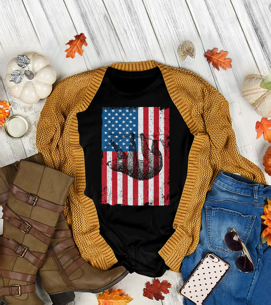 4th July Independence Sloth USA Flag T-Shirt