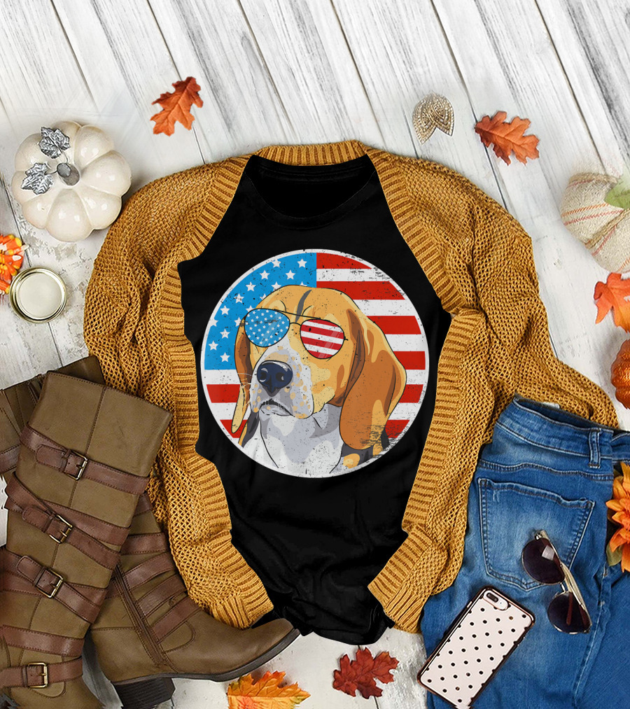 4th of July Beagle Dog America Flag Sunglasses T-Shirt