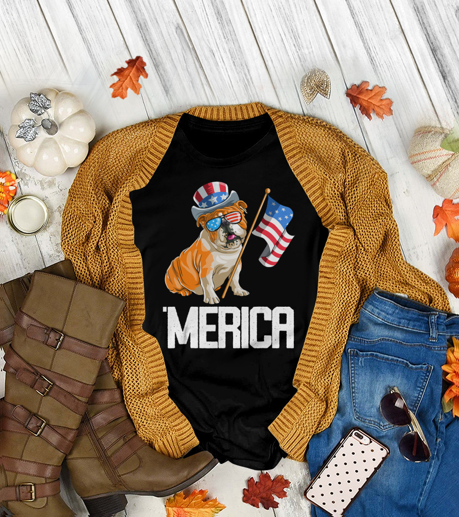 Merica Bulldog with American Flag and Patriotic Hat for 4th of July T-Shirt