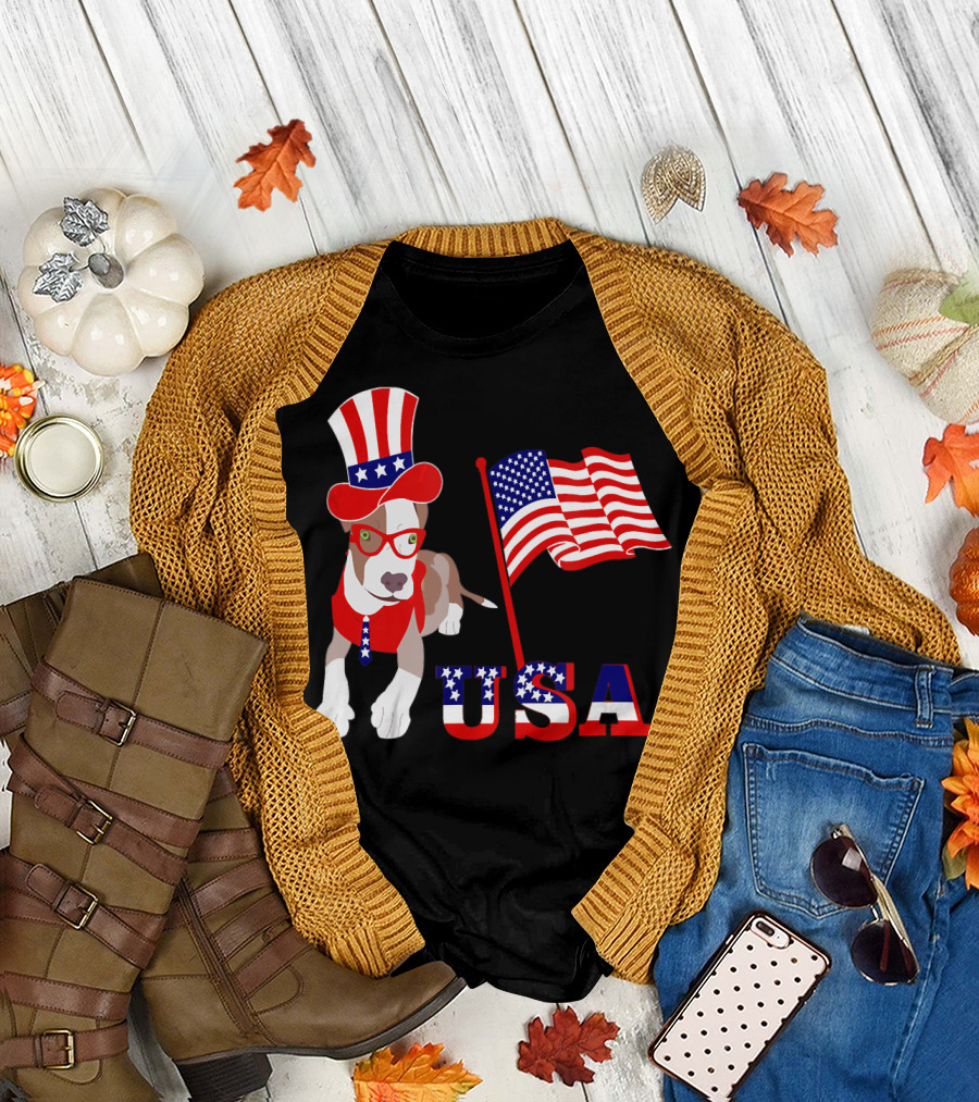 USA 4th of July Pitbull Dog with American Flag and Top Hat T-Shirt