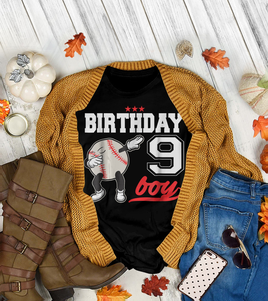 Birthday Boy 9 Year Old Dabbing Baseball T-Shirt