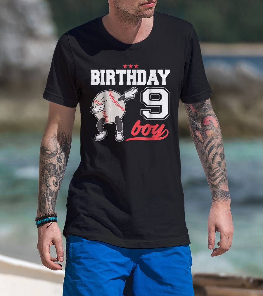 Birthday Boy 9 Year Old Dabbing Baseball T-Shirt
