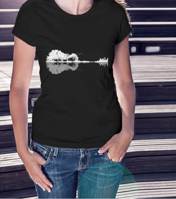 Acoustic Guitar Nature Forest Tree Reflection And Skyline T-Shirt