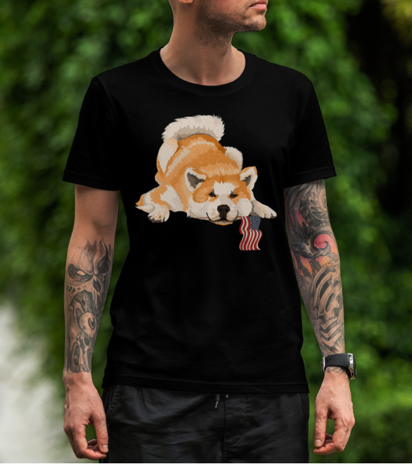 Akita Dog Lover With American Flag Motif T-Shirt