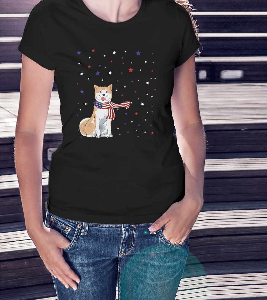 Akita Inu Patriotic American Flag Scarf Stars T-Shirt