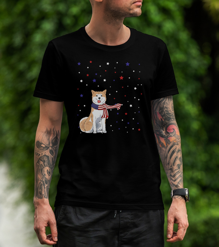 Akita Inu Patriotic American Flag Scarf Stars T-Shirt