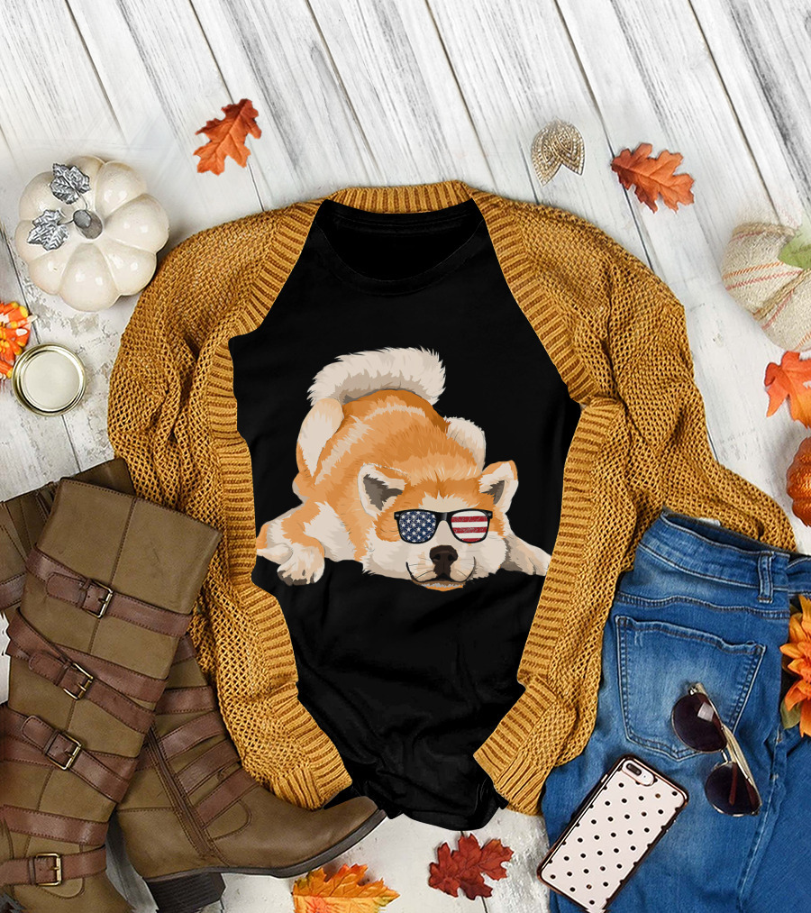 Akita Inu Wearing American Flag Sunglasses Playful Pose T-Shirt