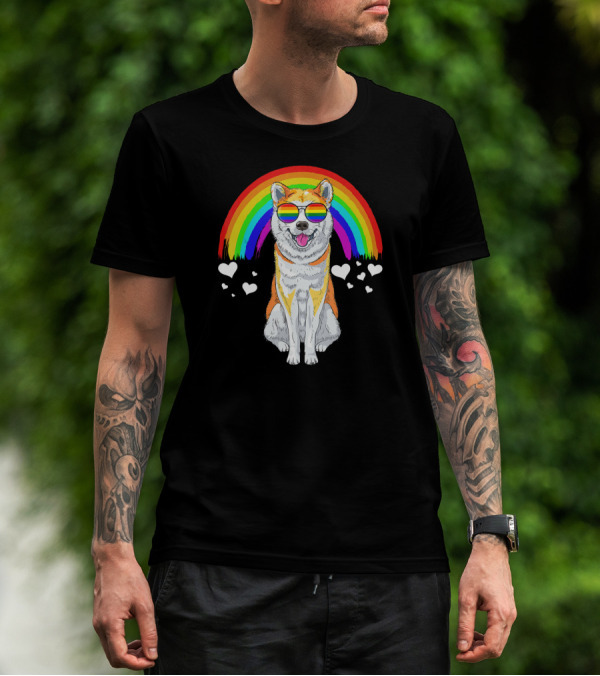 Akita Inu Rainbow Pride Sunglasses Hearts T-Shirt