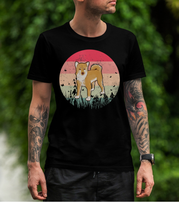 Akita Inu Vintage Retro Akit Circle Silhouette With Stripes And Butterflies T-Shirt