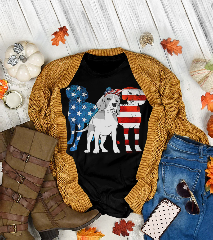 American Beagle Trio with Patriotic Stars and Stripes US Flag Motif T-Shirt