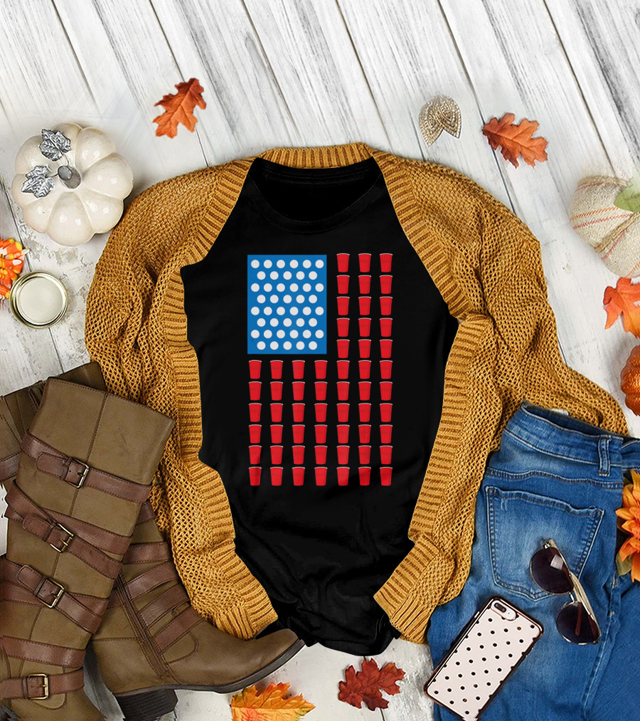 American Flag Beer Pong Red Cup Pattern Patriotic Party T-Shirt