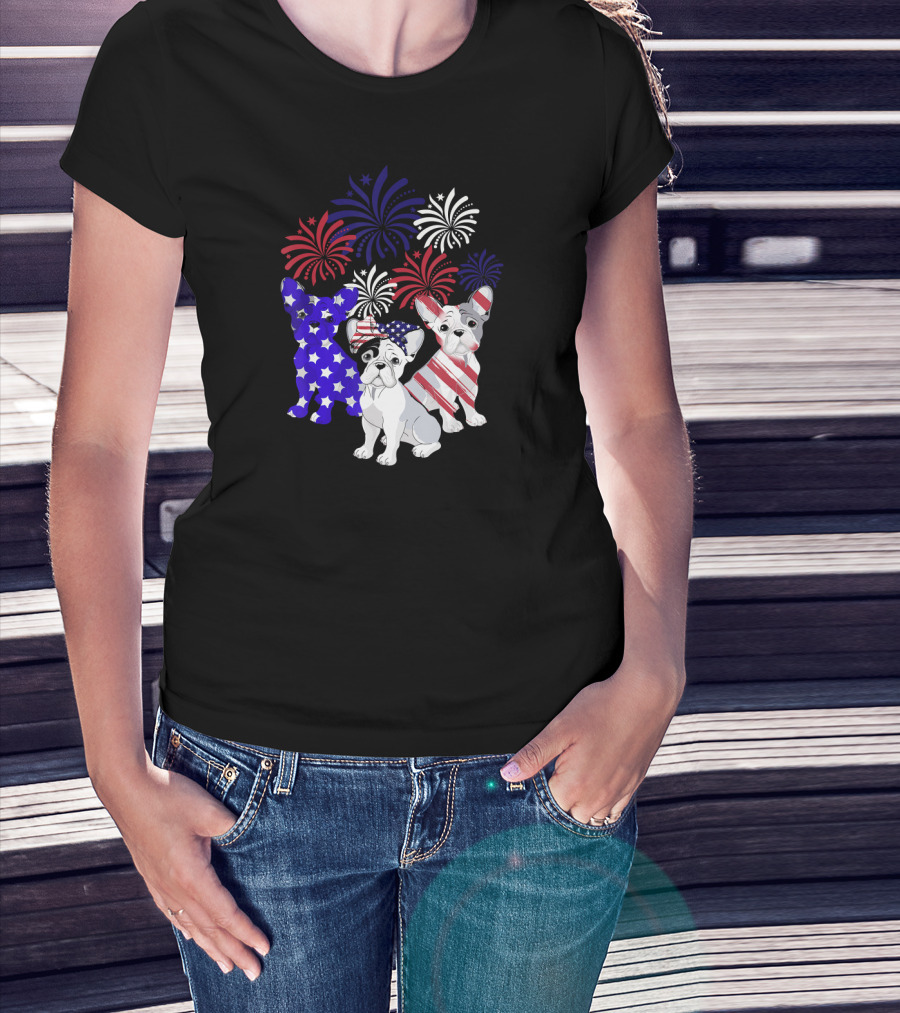 American Flag French Bulldog Fireworks T-Shirt