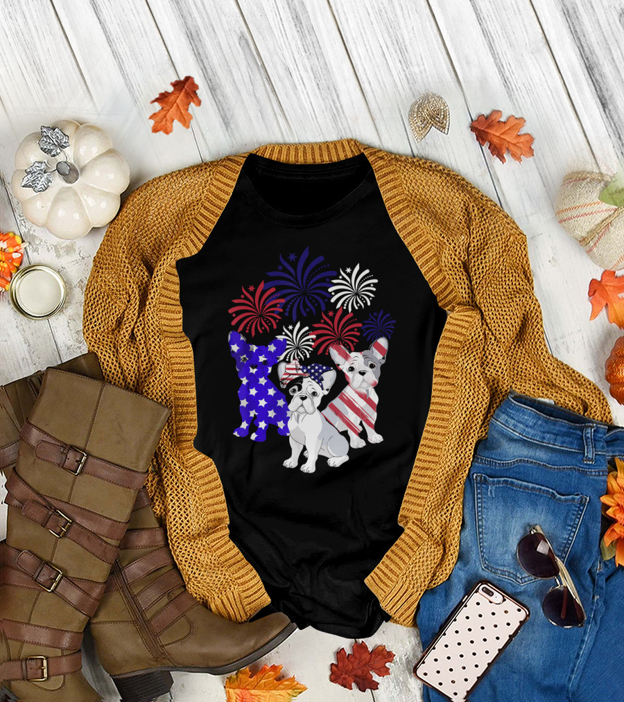 American Flag French Bulldog Fireworks T-Shirt