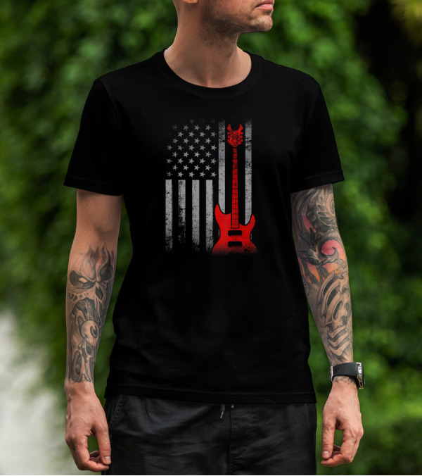 American Flag Patriotic Guitar Design USA Flag Guitar T-Shirt