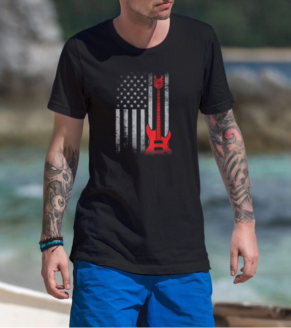 American Flag Patriotic Guitar Design USA Flag Guitar T-Shirt